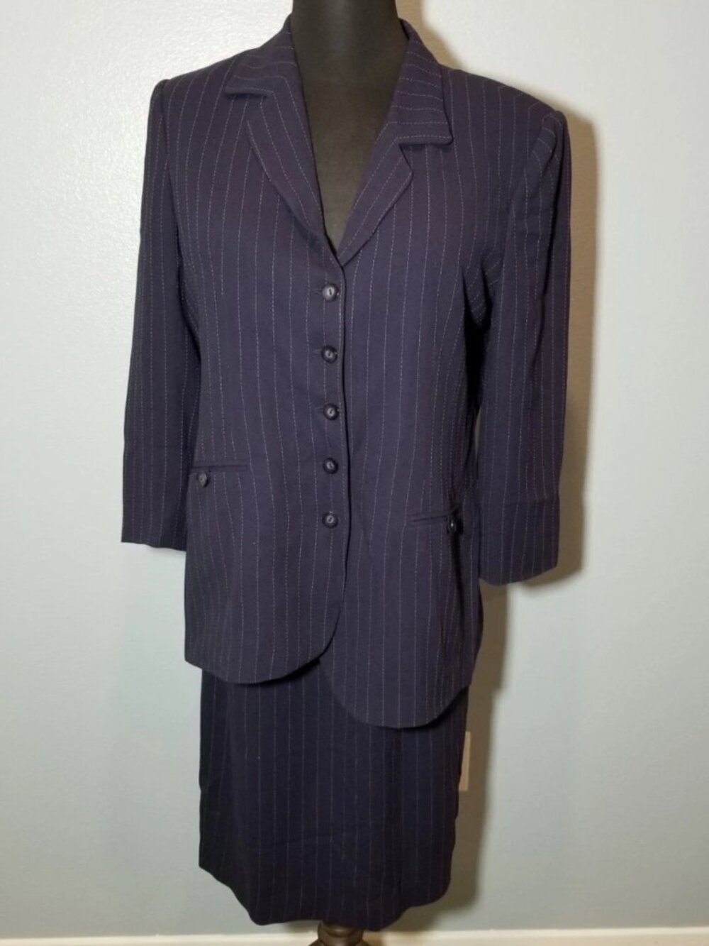M.T. Morgan Taylor Navy Striped Blazer & Skirt Suit Set Womens Sz 16 Business